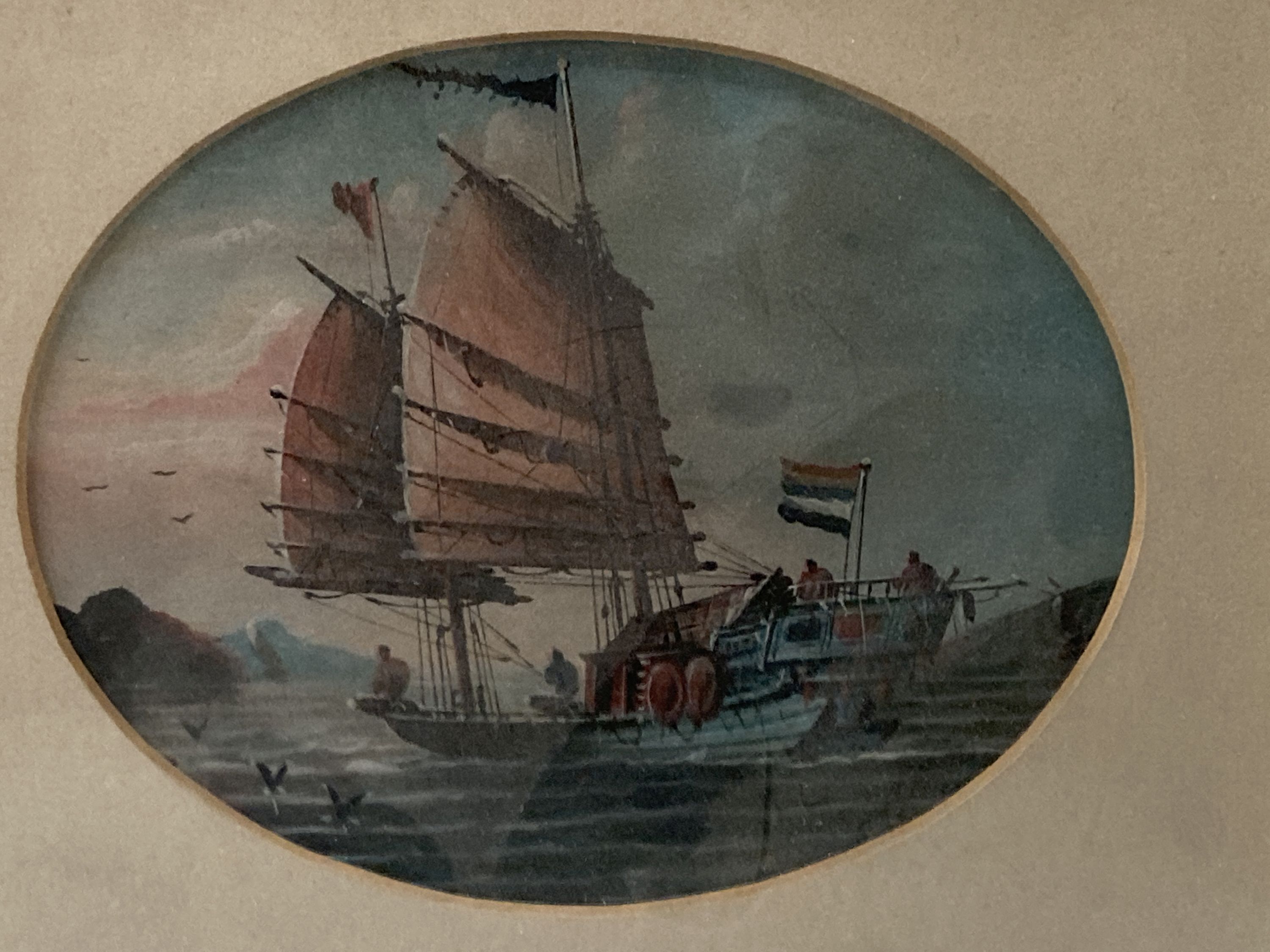 Late 19th century Chinese School, two pairs of gouaches, Waterside forts, Junk at sea, and garden scene, 12 x 16.5cm & 12 x 15cm